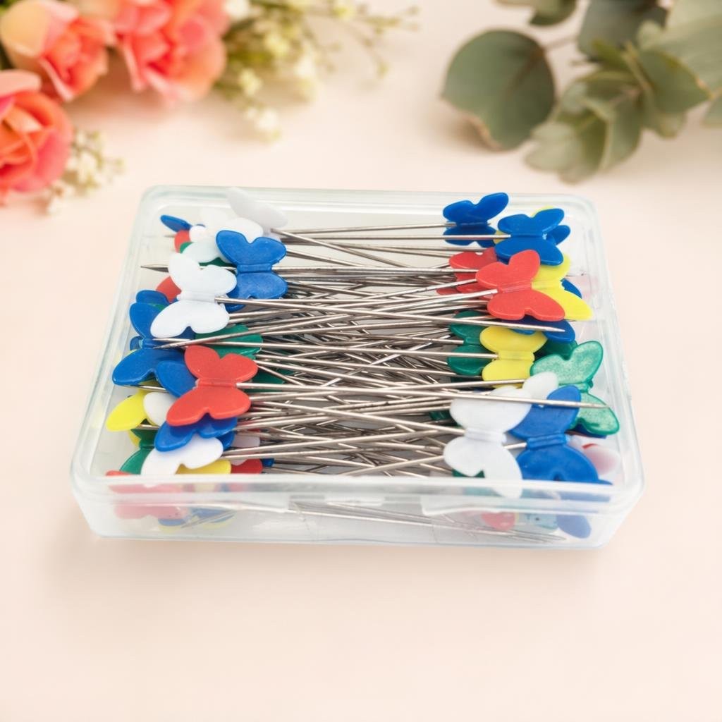 Caixa de Alfinetes Patchwork Borboletas com 50 alfinetes
