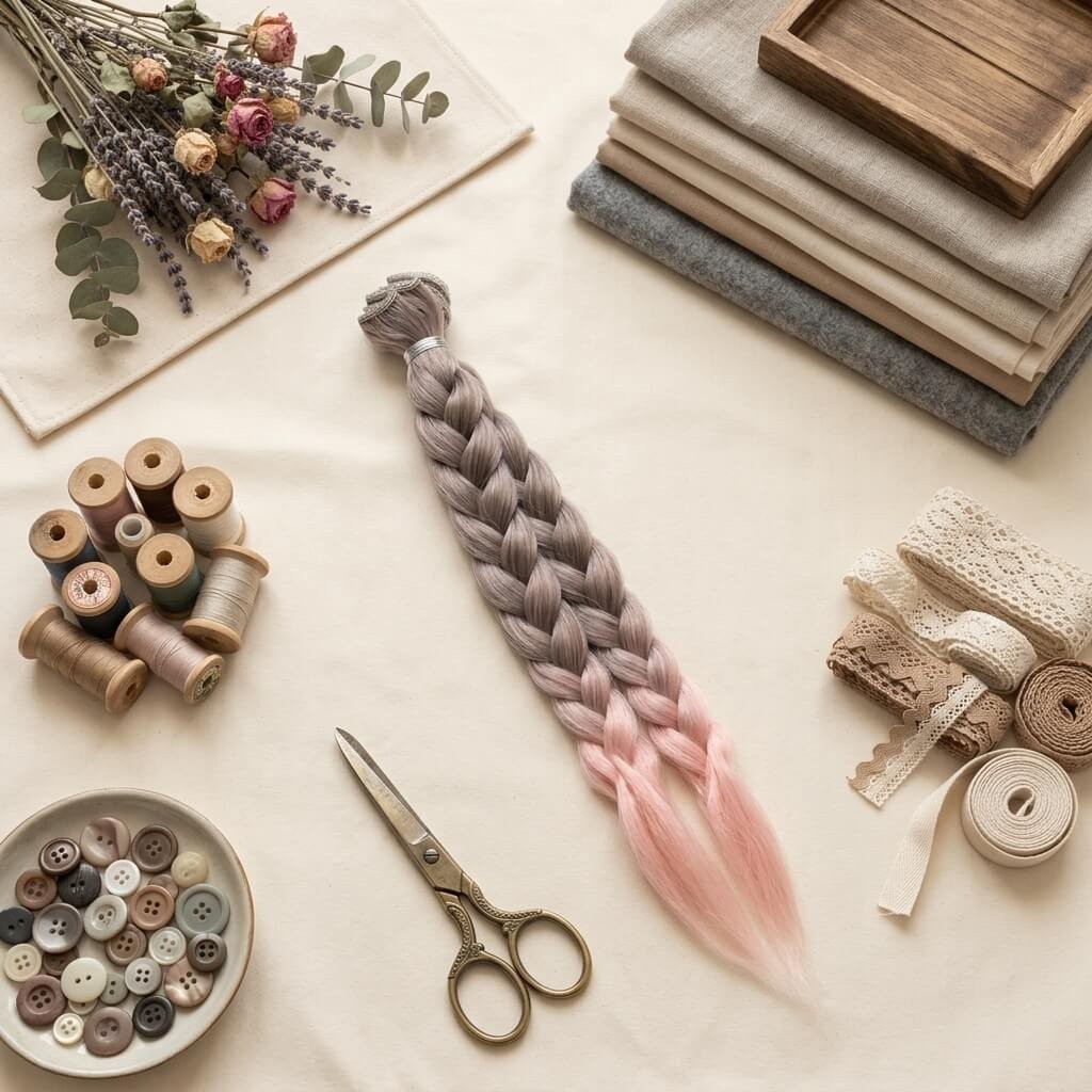 Cabelo para Bonecas Trança 25cm - Cinza e Rosa