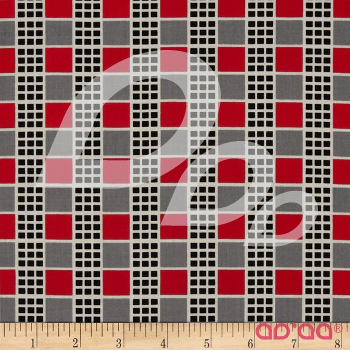 Tecido de Algodão com Quadrados Xadrez Vermelho, Cinzento e Preto