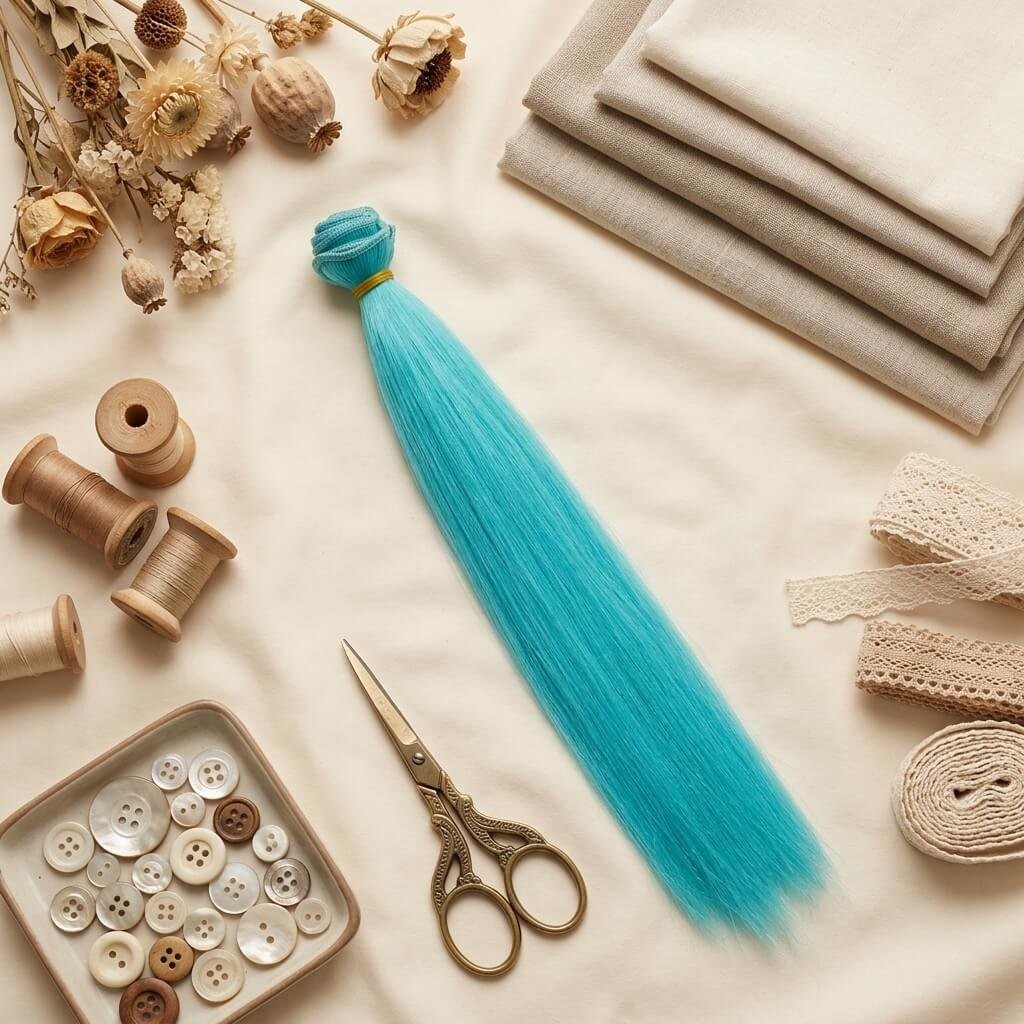 Cabelo para Bonecas liso 25cm  - Azul Turquesa