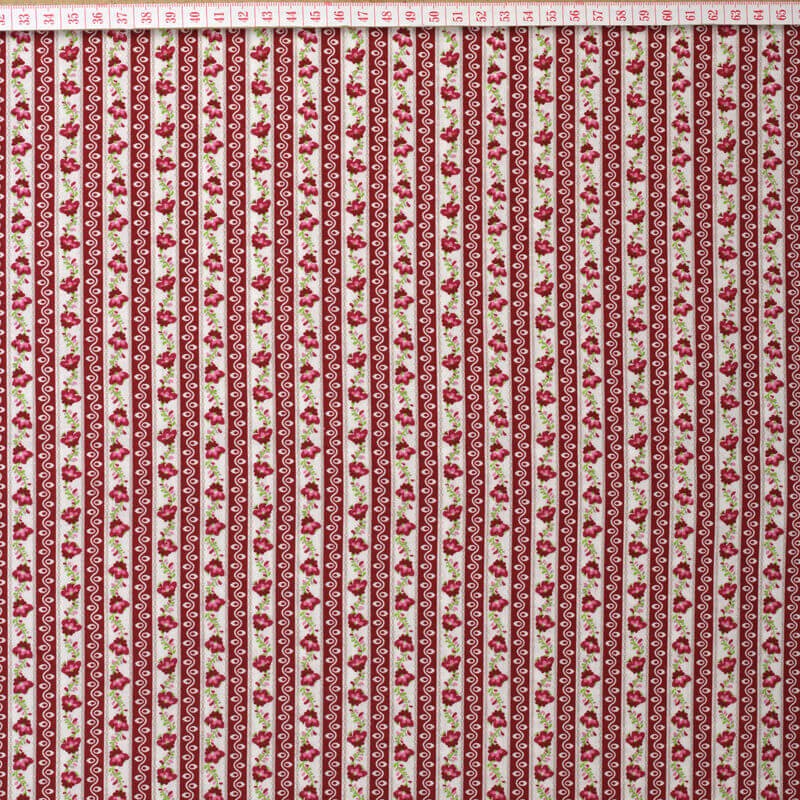 Tecido Cambraia Chita de Alcobaça com Riscas Vermelhas e Flores