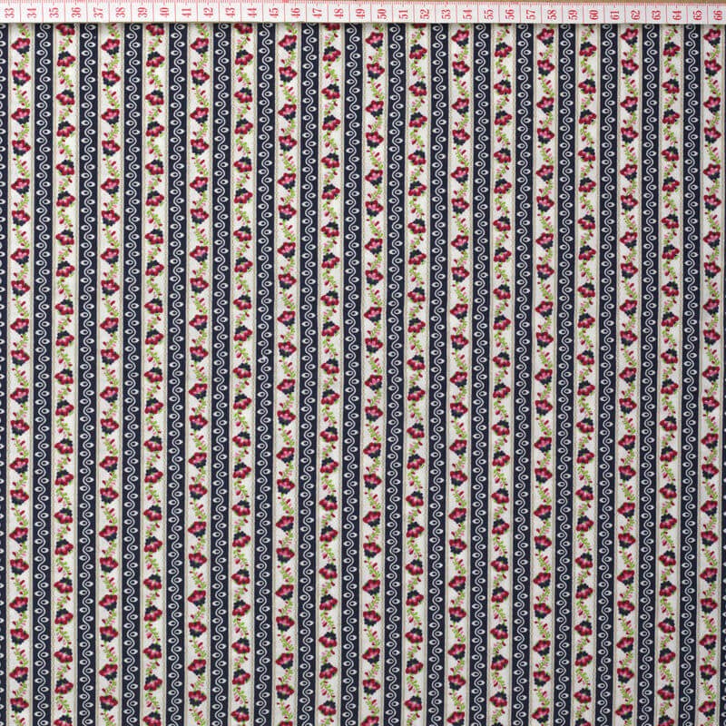 Tecido Cambraia Chita de Alcobaça com Riscas Azul Escuro Marinho e Flores