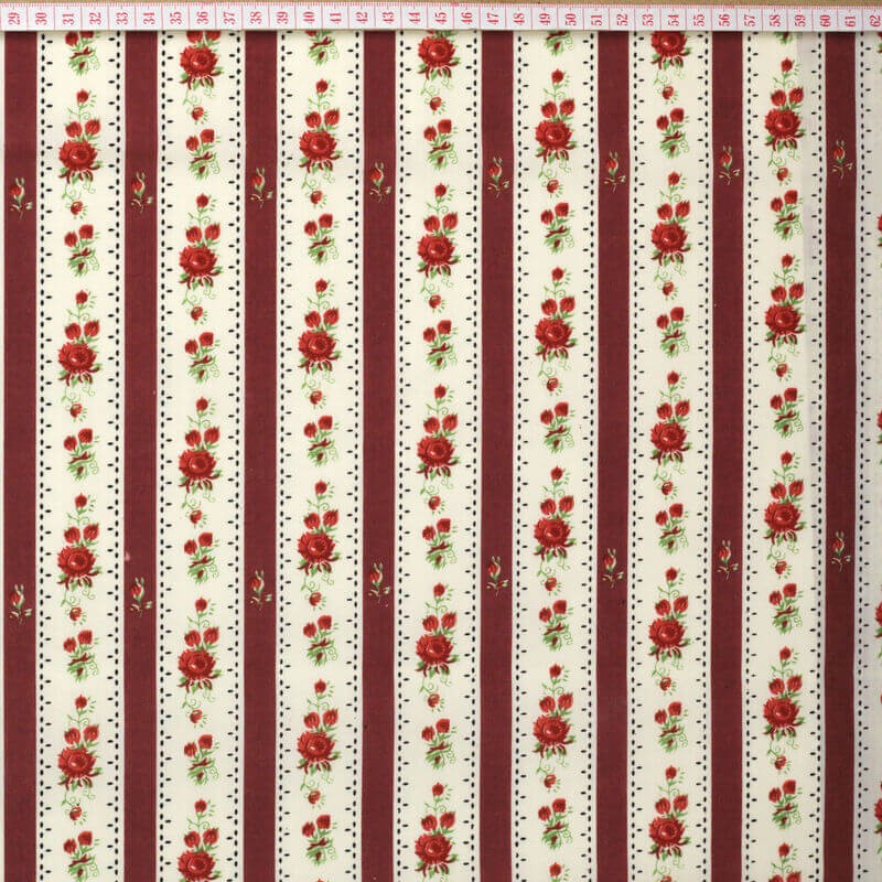 Tecido Cambraia Chita de Alcobaça com Riscas Vermelhas e Flores Vermelhas