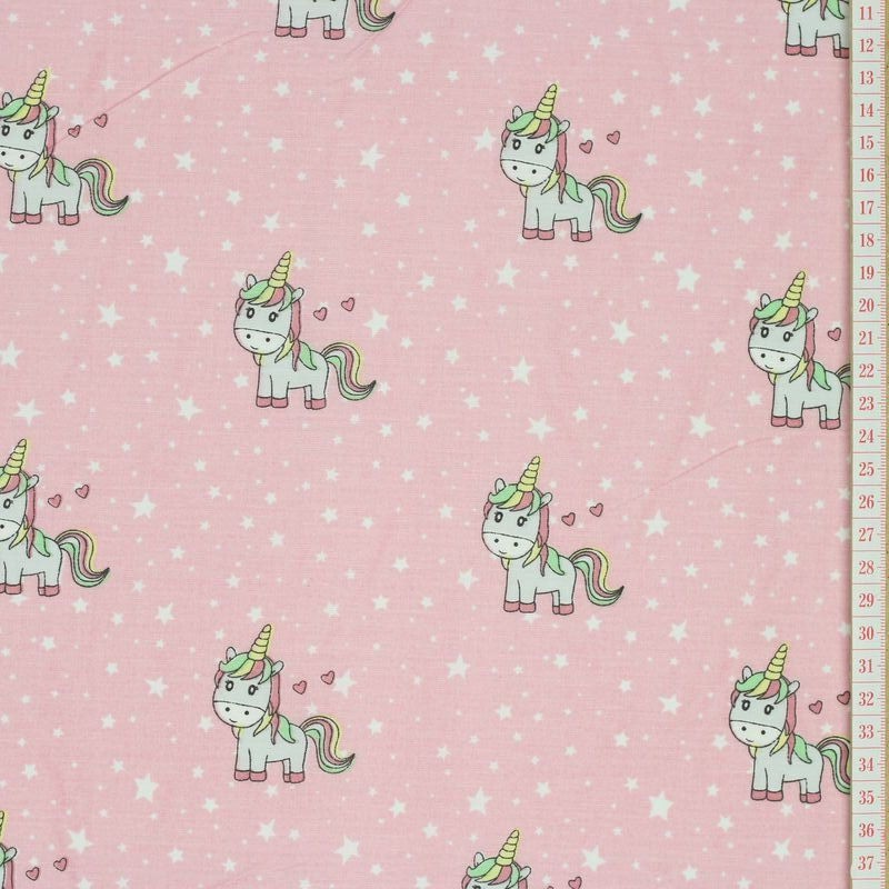 Tecido Cambraia com Unicórnios e Estrelas em Fundo Rosa Claro