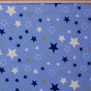 Tecido de Algodão com Estrelas Brancas, Azuis e Cremes em Fundo Azul Claro