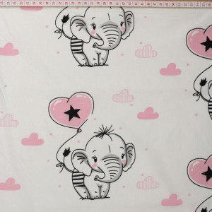 Tecido de Algodão com Elefantes, Balões, Corações, Nuvens Rosa em Fundo Branco