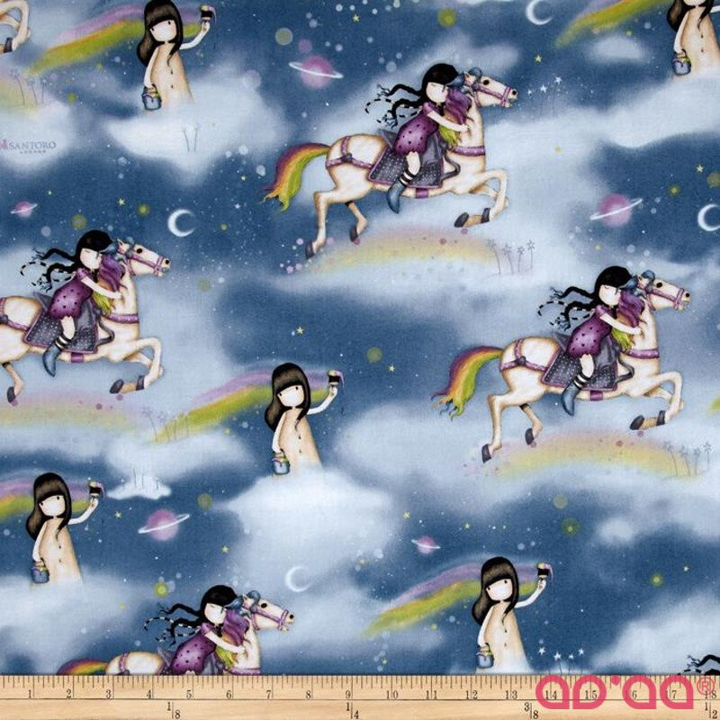 Tecido de Algodão Gorjuss com Meninas, Cavalos, Arco-Iris em Céu Azul
